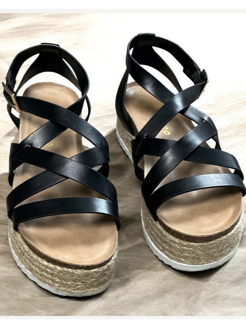 LAICIGO Wedge Espadrilles Platform Sandals Black Cross Strap Size 5 EUC